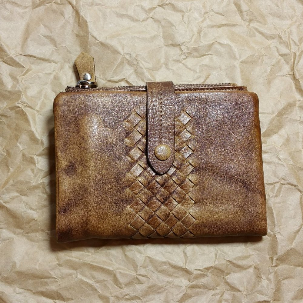 Hand Stained Washed Leather Woven Bifold Wallet